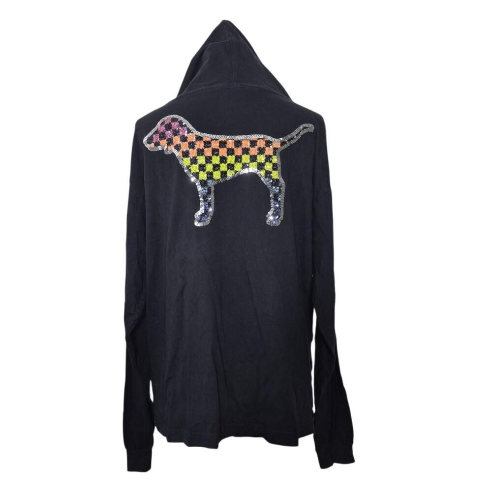 Victoria’s Secret PINK Long Sleeve Hooded Top Bling Rainbow Checkered Dog Large
